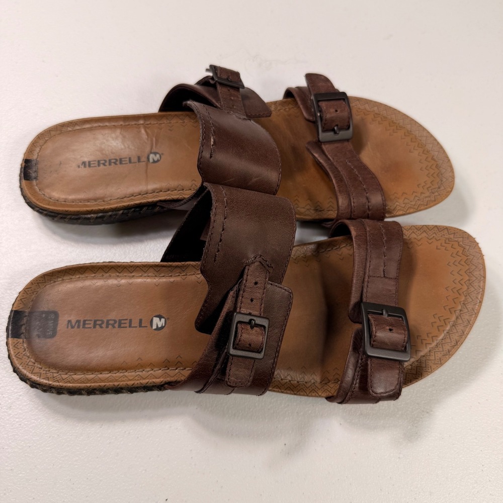 Merrell Brown Leather Double Strap Buckle Slide Sandals Womens Size 9 J55580 - Picture 9 of 9